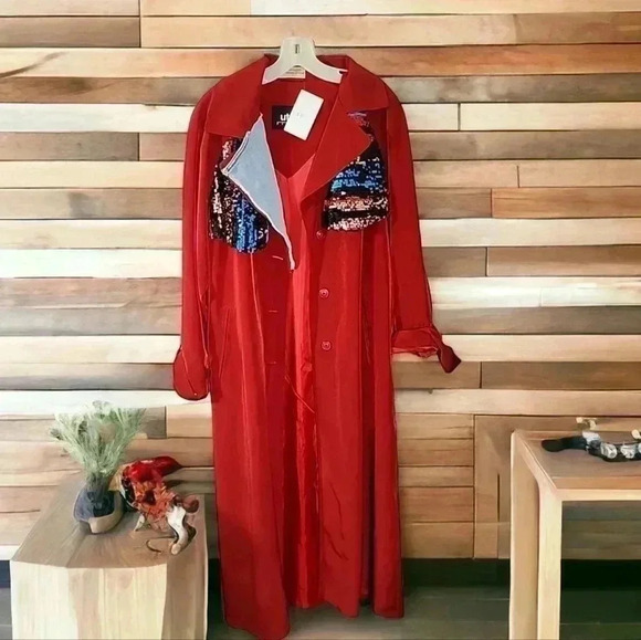 Customized By Statement Boutique Denim and sequin trench coat. Size 8 - Picture 1 of 12